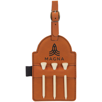 Rawhide brown engraved golf bag tag with tees, rustic personalized golf gift for dad