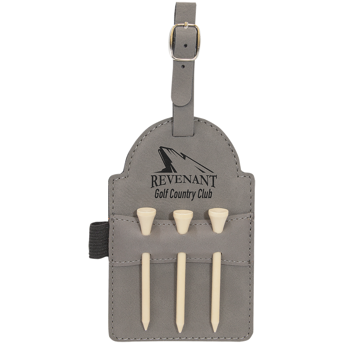 Gray engraved golf bag tag with 3 wooden tees, personalized golf gift for him