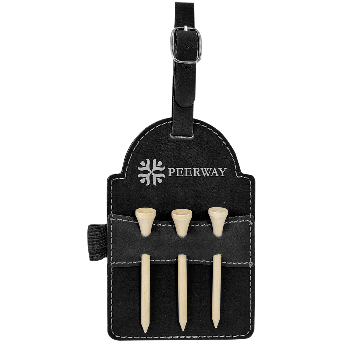 Black and silver engraved golf bag tag with tees, custom logo golf tournament favor