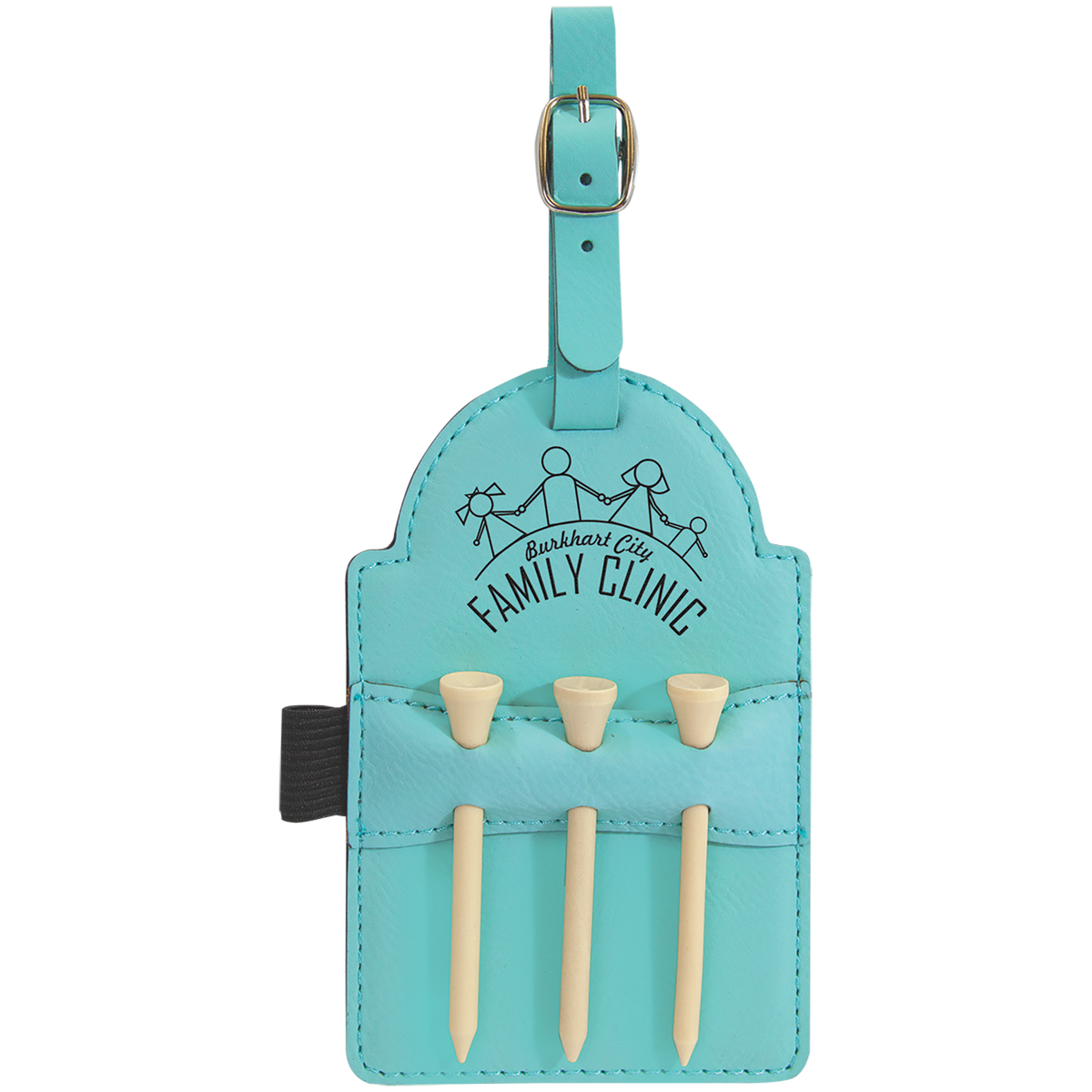 Teal personalized golf bag tag with 3 tees, engraved golf gift