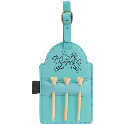 Teal personalized golf bag tag with 3 tees, engraved golf gift