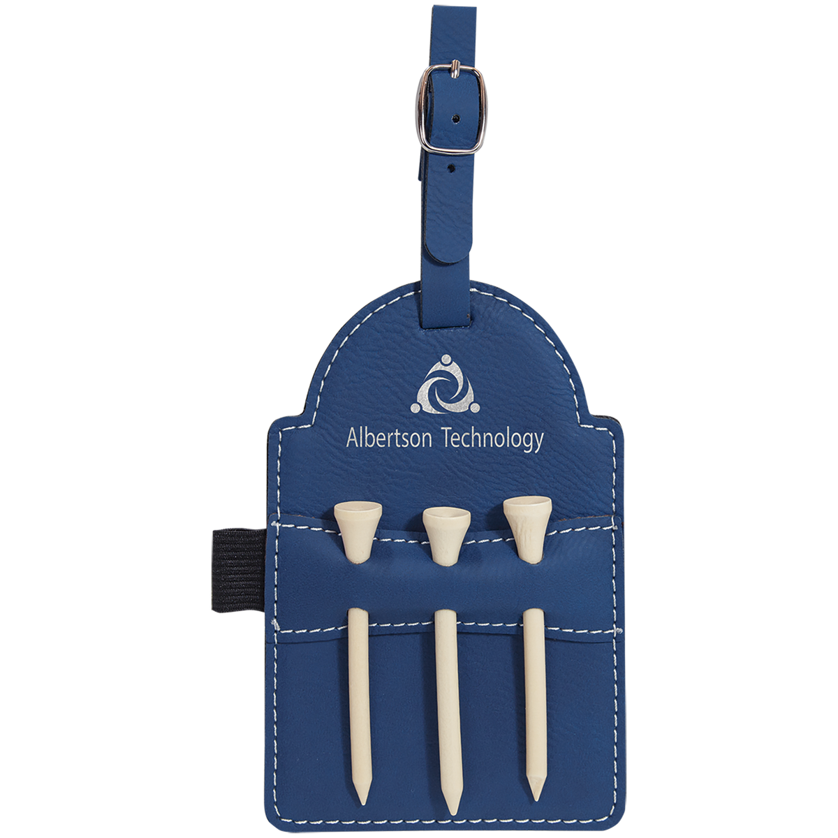 Blue and silver engraved golf bag tag with tees, personalized groomsmen golf gift