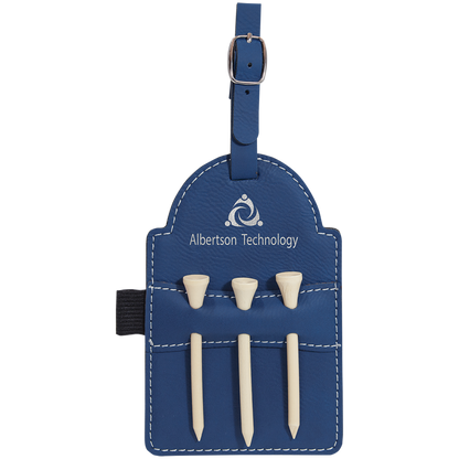 Blue and silver engraved golf bag tag with tees, personalized groomsmen golf gift