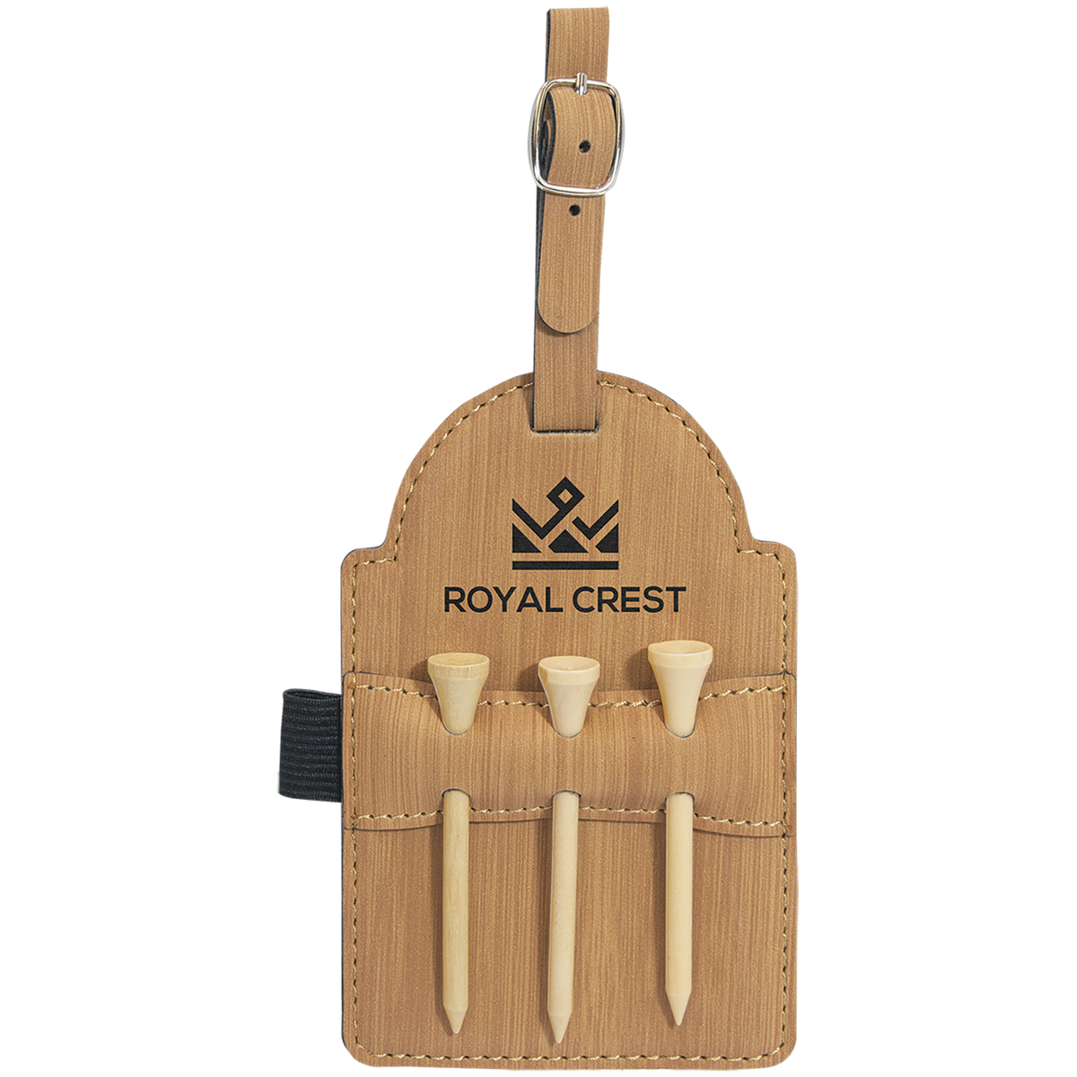 Bamboo wood look engraved golf bag tag with wooden tees, personalized golf gift