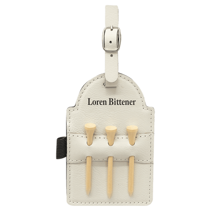 White personalized golf bag tag with tees, engraved golf gift for golfers