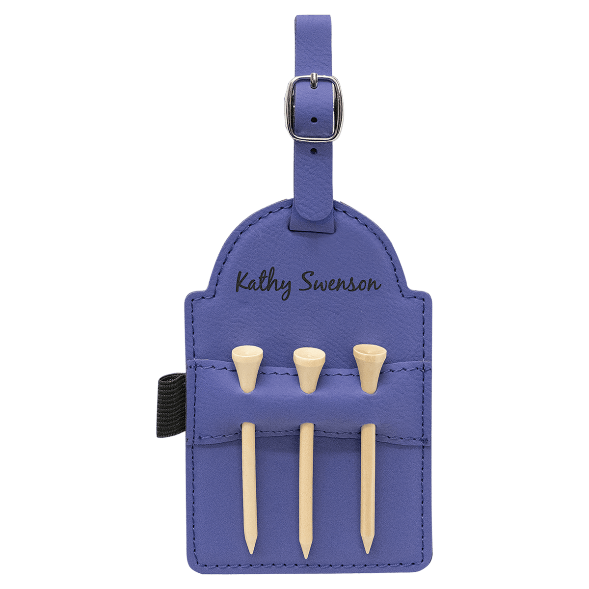 Purple engraved golf bag tag with 3 tees, personalized golf gift