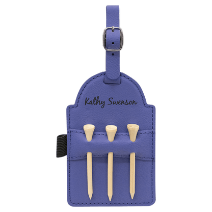Purple engraved golf bag tag with 3 tees, personalized golf gift