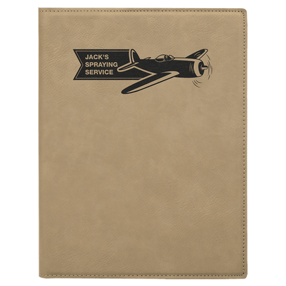 7" x 9" Light Brown laser engraved leatherette portfolio with notepad, custom logo padfolio