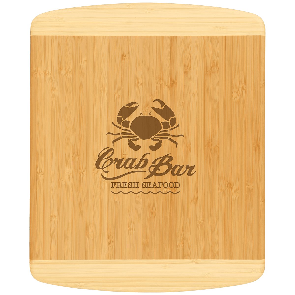 13 1/2" x 11 1/2" laser engraved custom logo bamboo 2-tone cutting board