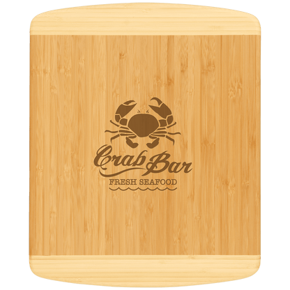 13 1/2" x 11 1/2" laser engraved custom logo bamboo 2-tone cutting board