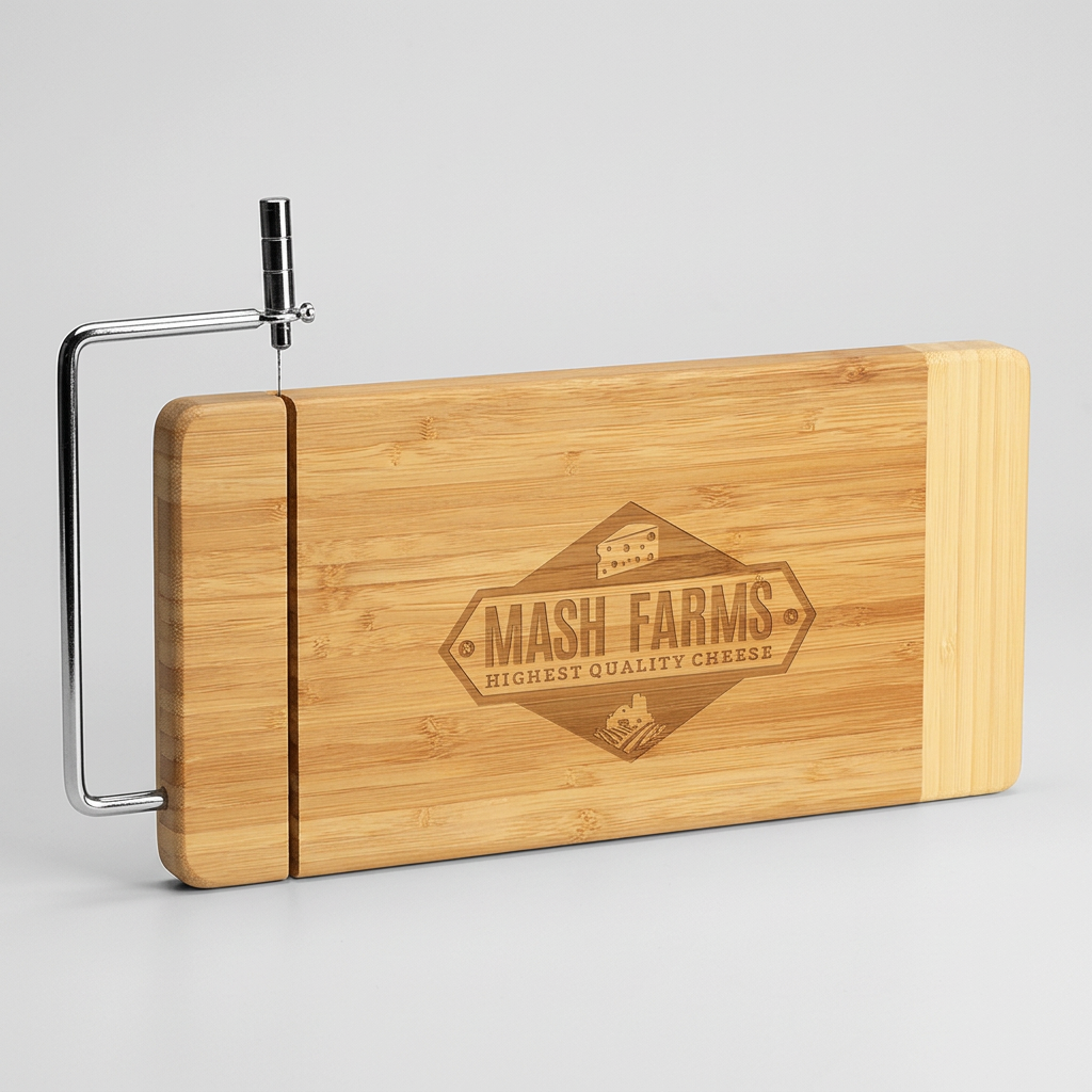 laser engraved custom logo bamboo cheese board with wire cheese cutter