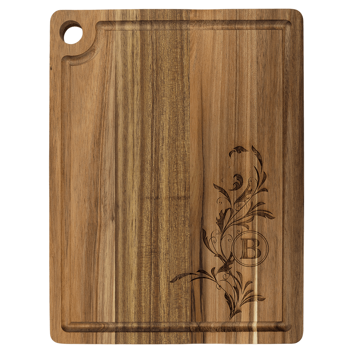 11.5 x 8.75 inch laser engraved personalized acacia wood cutting board with juice groove and hanging hole