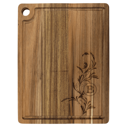 11.5 x 8.75 inch laser engraved personalized acacia wood cutting board with juice groove and hanging hole