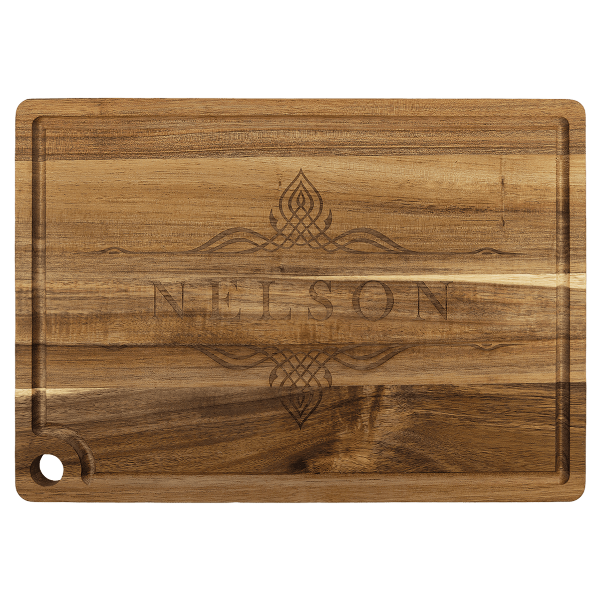 13.75 x 9.75 inch laser engraved custom logo acacia cutting board with drip ring and corner hole
