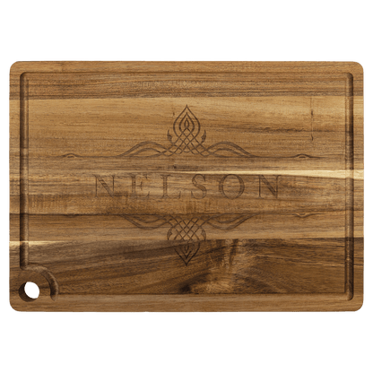 13.75 x 9.75 inch laser engraved custom logo acacia cutting board with drip ring and corner hole