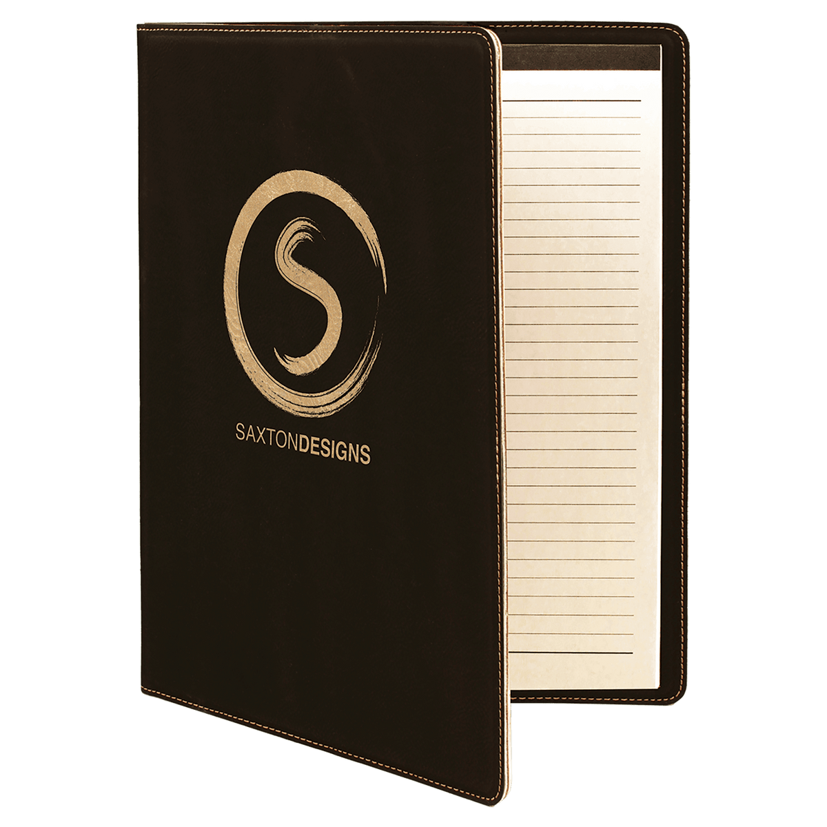 9.5" x 12" Black/Gold laser engraved leatherette portfolio with notepad, custom logo padfolio