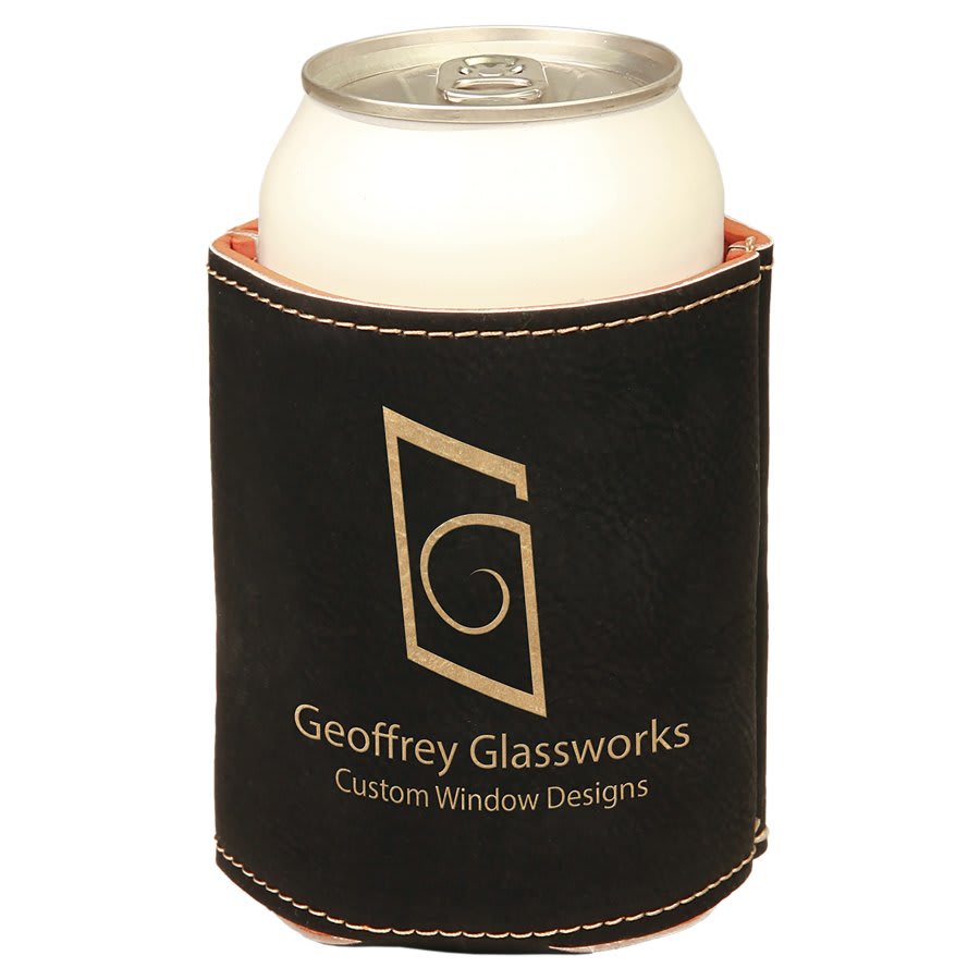 Black and Gold laser engraved custom logo 3 3/4" leatherette can holder