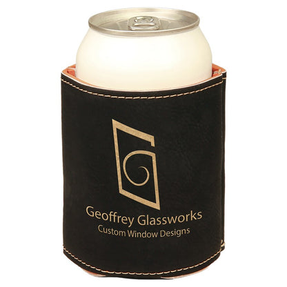 Black and Gold laser engraved custom logo 3 3/4" leatherette can holder