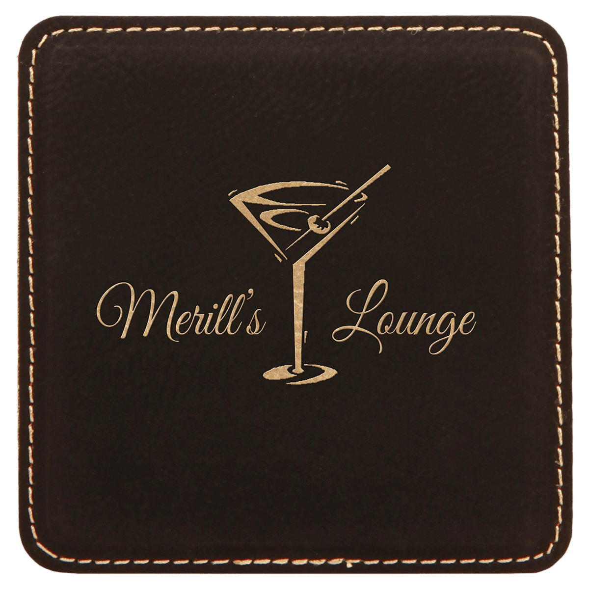 Square 4" x 4" Black and Gold laser engraved custom logo leatherette coaster