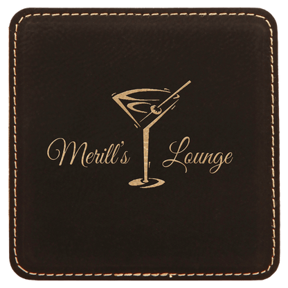 Square 4" x 4" Black and Gold laser engraved custom logo leatherette coaster