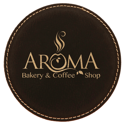 Round 4" Black and Gold laser engraved custom logo leatherette coaster
