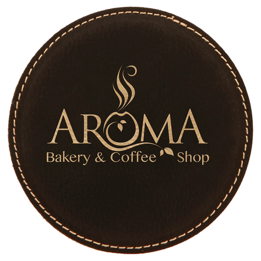 Round 4" Black and Gold laser engraved custom logo leatherette coaster