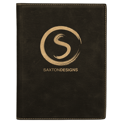 7" x 9" Black/Gold laser engraved leatherette portfolio with notepad, custom logo padfolio