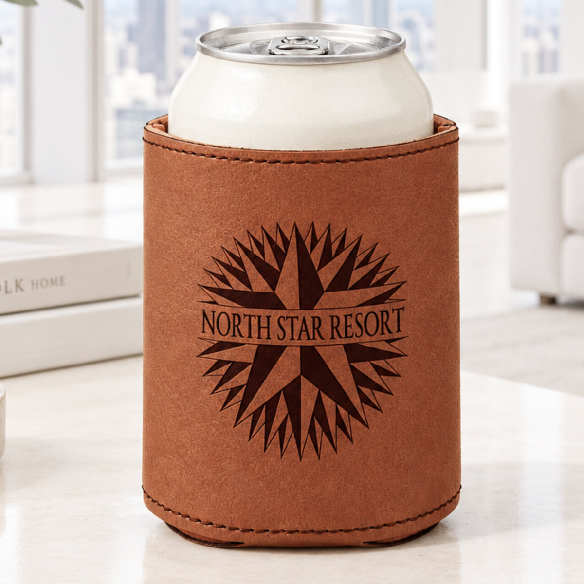 Rawhide laser engraved custom logo 3 3/4" leatherette can holder