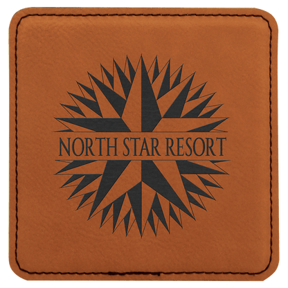 Square 4" x 4" Rawhide laser engraved custom logo leatherette coaster