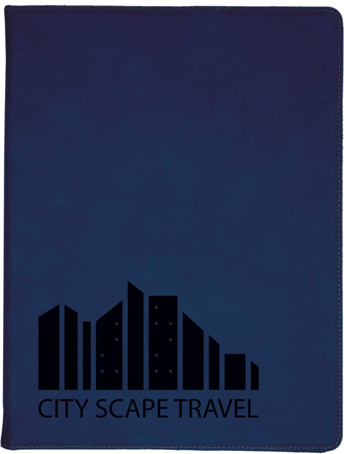 9.5" x 12" Blue/Black laser engraved leatherette portfolio with notepad, custom logo padfolio