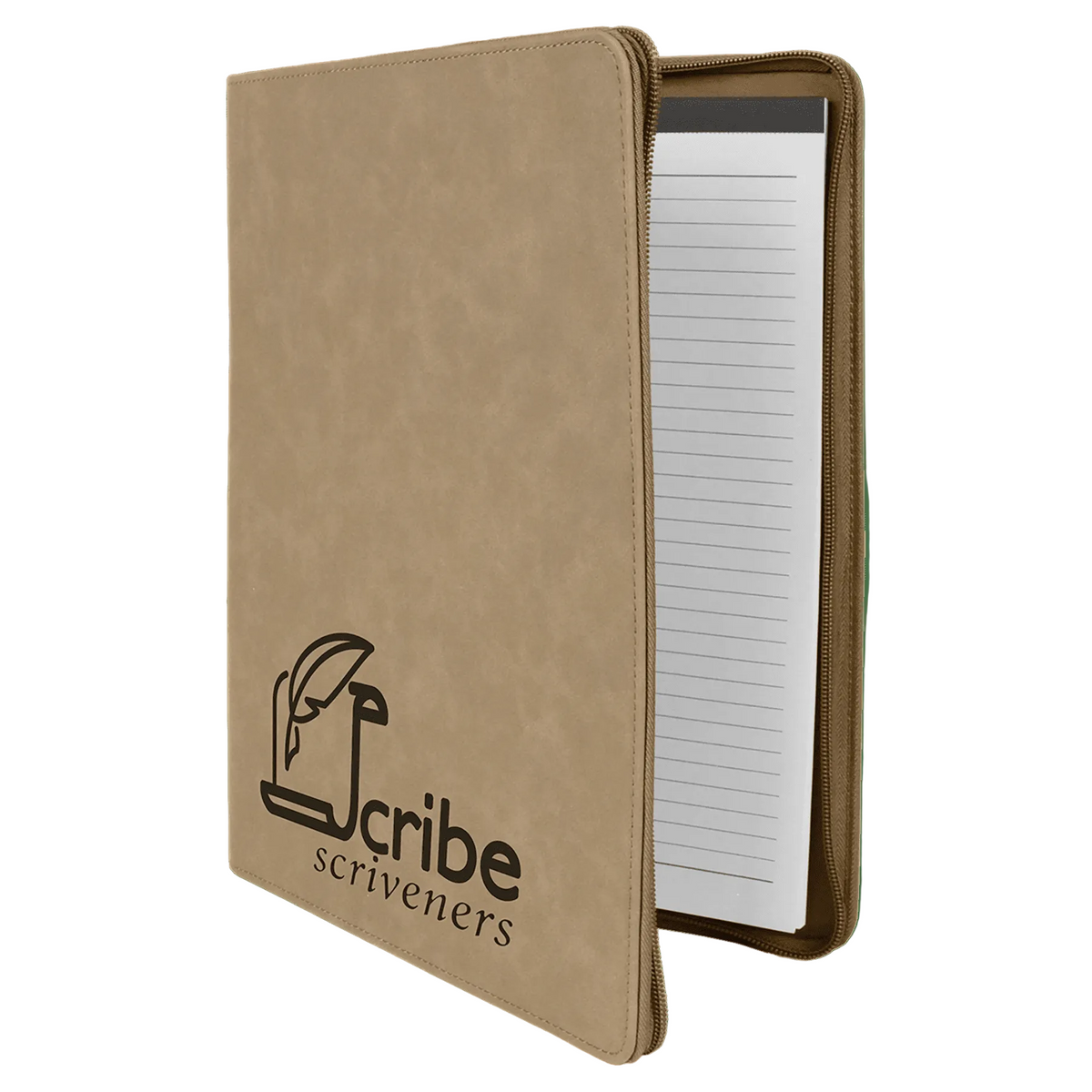 9.5" x 12" Light Brown laserable leatherette portfolio with zipper and notepad, custom engraved padfolio