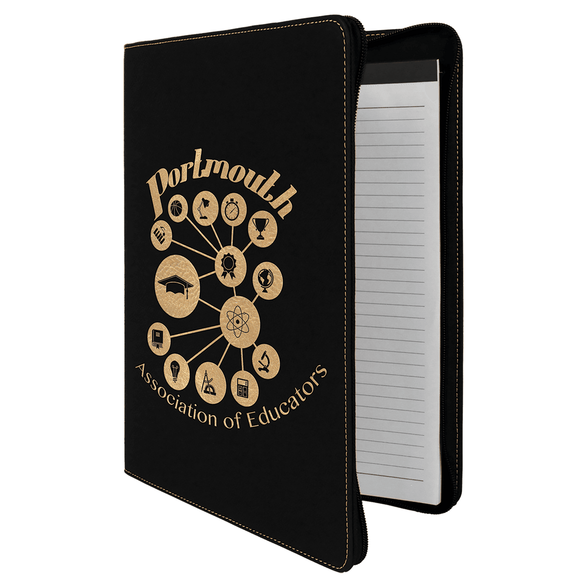 9.5" x 12" Black/Gold laserable leatherette portfolio with zipper and notepad, custom engraved padfolio