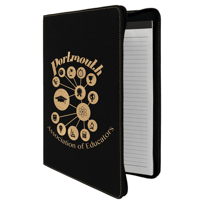 9.5" x 12" Black/Gold laserable leatherette portfolio with zipper and notepad, custom engraved padfolio