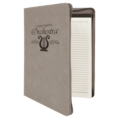 9.5" x 12" Gray laserable leatherette portfolio with zipper and notepad, custom engraved padfolio