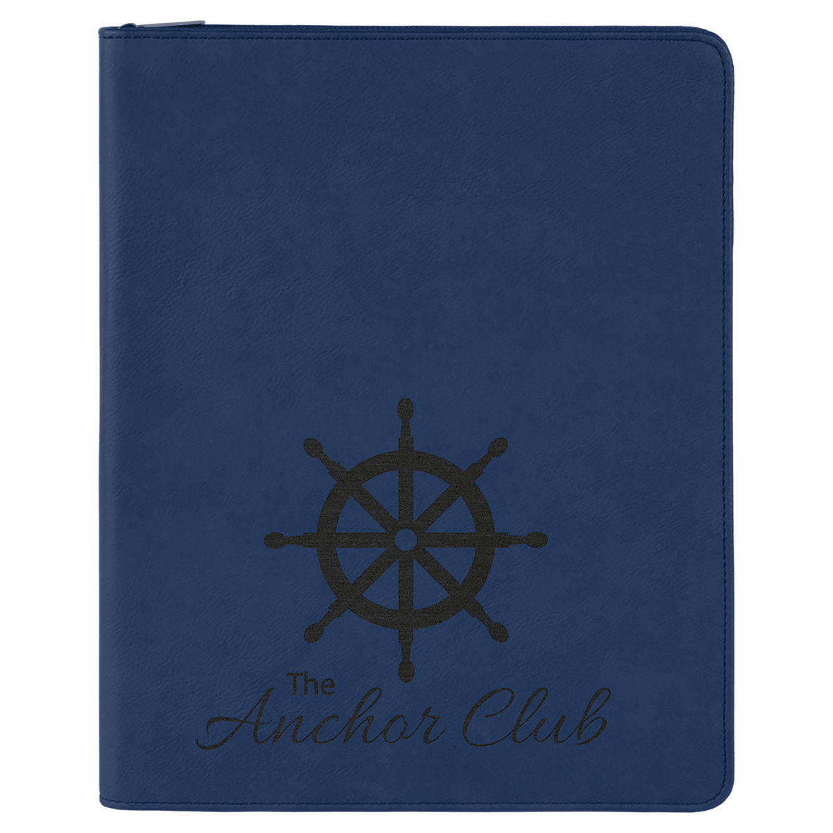 9.5" x 12" Blue/Black laserable leatherette portfolio with zipper and notepad, custom engraved padfolio