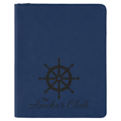 9.5" x 12" Blue/Black laserable leatherette portfolio with zipper and notepad, custom engraved padfolio