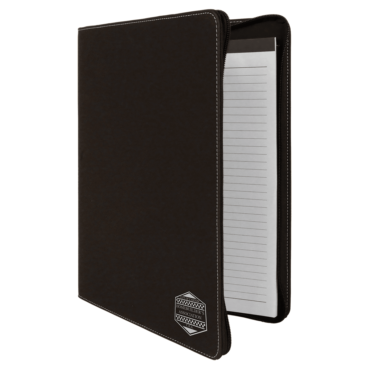 9.5" x 12" Black/Silver laserable leatherette portfolio with zipper and notepad, custom engraved padfolio