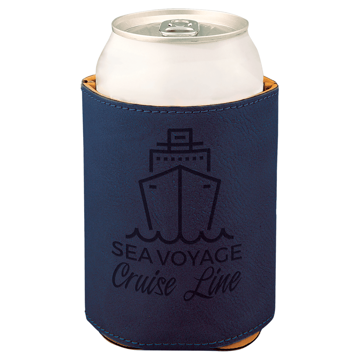 Blue and Black laser engraved custom logo 3 3/4" leatherette can holder