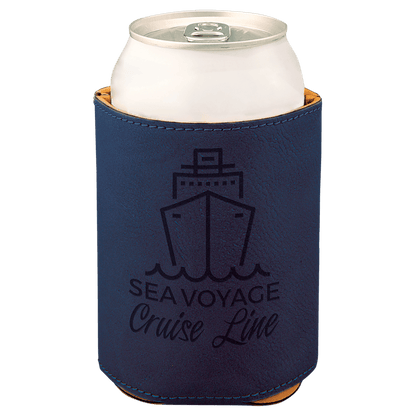 Blue and Black laser engraved custom logo 3 3/4" leatherette can holder
