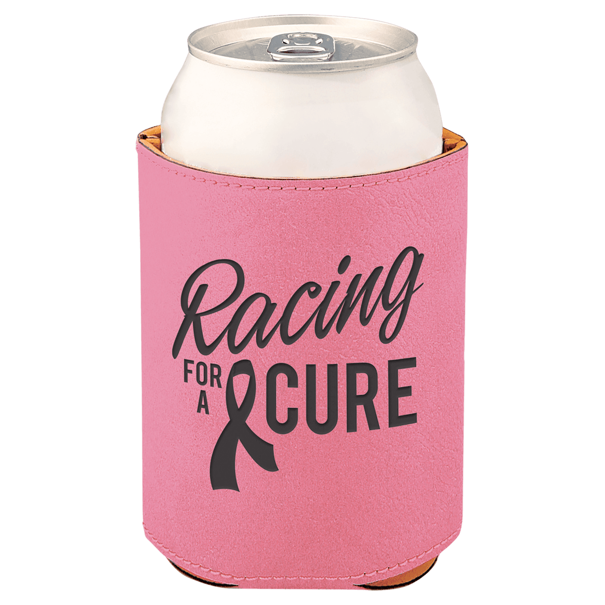 Pink laser engraved custom logo 3 3/4" leatherette can holder