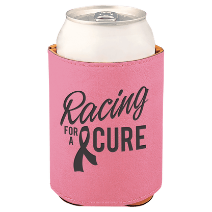 Pink laser engraved custom logo 3 3/4" leatherette can holder
