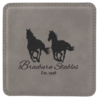 Square 4" x 4" Gray laser engraved custom logo leatherette coaster