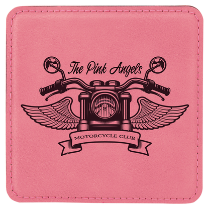 Square 4" x 4" Pink laser engraved custom logo leatherette coaster