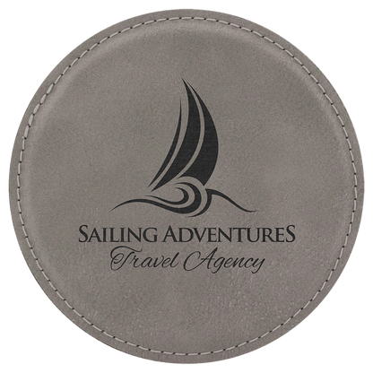 Round 4" Gray laser engraved custom logo leatherette coaster