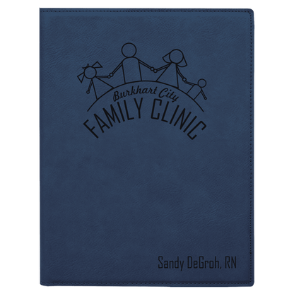 7" x 9" Blue/Black laser engraved leatherette portfolio with notepad, custom logo padfolio
