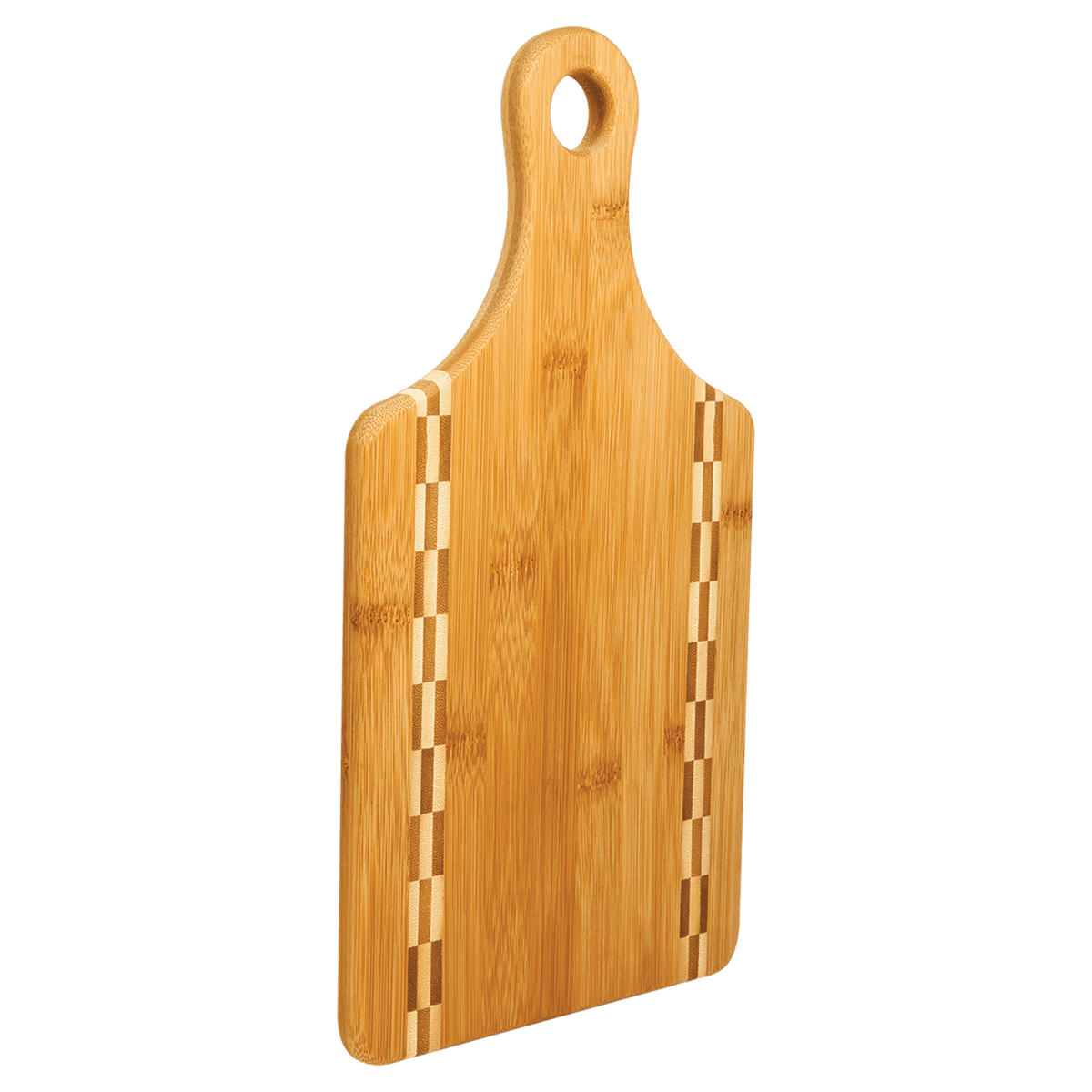 13.5 x 7 inch bamboo paddle cutting board with butcher block inlay and handle, blank for custom engraving