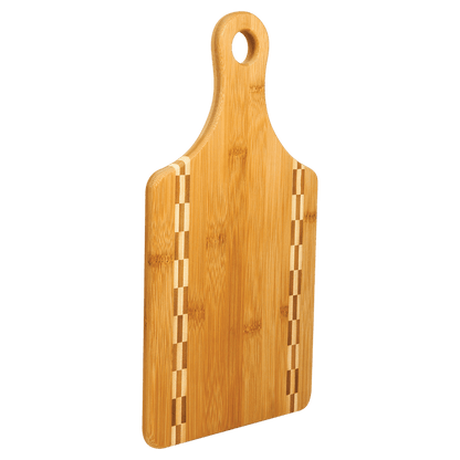 13.5 x 7 inch bamboo paddle cutting board with butcher block inlay and handle, blank for custom engraving