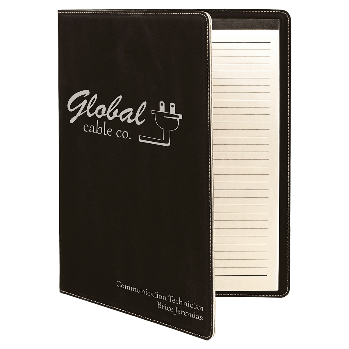 9.5" x 12" Black/Silver laser engraved leatherette portfolio with notepad, custom logo padfolio