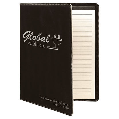 9.5" x 12" Black/Silver laser engraved leatherette portfolio with notepad, custom logo padfolio