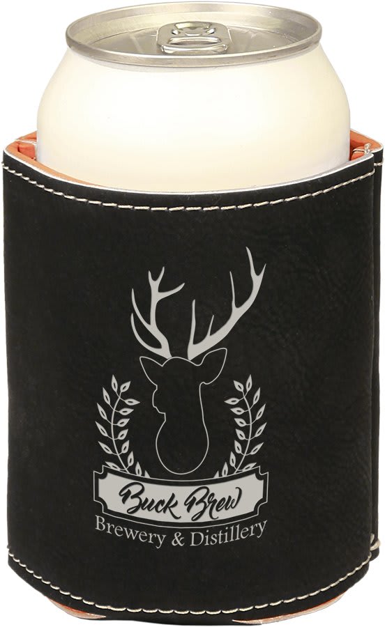 Black and Silver laser engraved custom logo 3 3/4" leatherette can holder